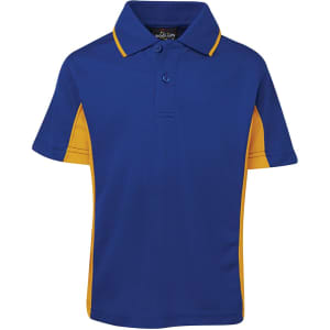 A blue and yellow polo shirt featuring a collar and short sleeves, with a logo on the label.