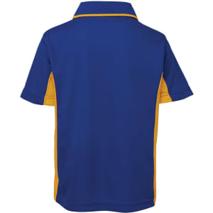 A blue polo shirt with yellow accents and a collar, featuring a logo on the back.