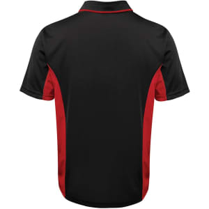 A black polo shirt with red accents, featuring short sleeves and a collar, has a logo on the back.