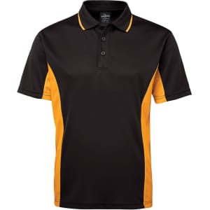 A black polo shirt with orange side panels, featuring a collar and a three-button placket. It has a logo.