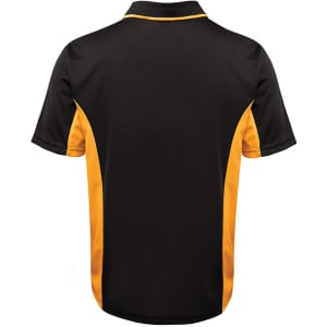 A black and gold polo shirt featuring a stylish design and a logo on the back.