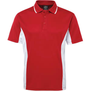A red polo shirt with white side panels and a collar, featuring a logo on the chest.