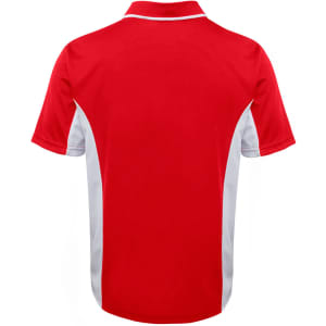 A red polo shirt with white accents on the sides and a collar. It features a logo on the design.