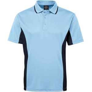 A light blue polo shirt with navy side panels and a logo on the chest. Short sleeves and a classic collar design.