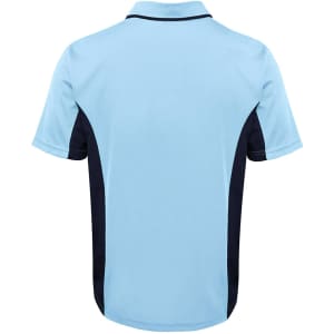A light blue polo shirt featuring navy side panels and a collar, with a logo on the back.