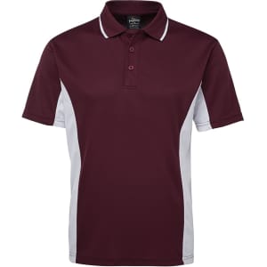 A burgundy polo shirt with white side accents and a collar, featuring a logo on the chest.