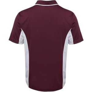 A maroon polo shirt featuring white side panels and a logo on the upper back.
