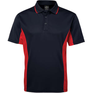 A navy and red polo shirt featuring a collar and buttons, with a logo on the left side.