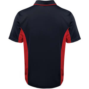 A navy polo shirt with red accents and a logo on the back. Simple design suitable for various occasions.