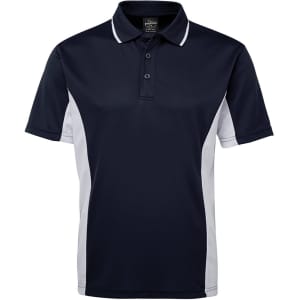 A navy blue polo shirt featuring white sides and a classic collar. It has a logo on the chest area.