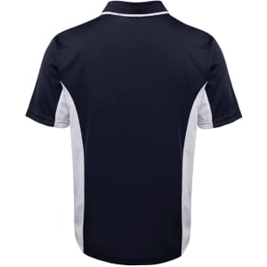 A navy blue polo shirt with white accents and a logo on the back. Suitable for casual or sports wear.