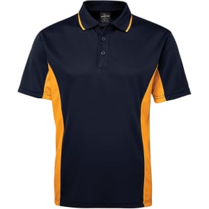 A navy and yellow polo shirt featuring a collar and button placket, with a logo on the chest.
