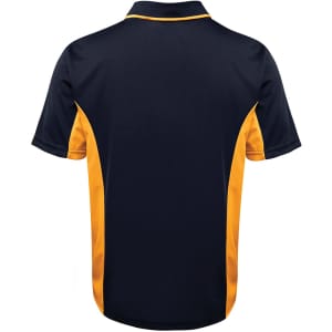 A polo shirt in navy blue with yellow side panels and a logo on the chest. Back view shown.