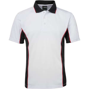 A white polo shirt with black sides and red detailing, featuring a collar and a logo on the upper part.