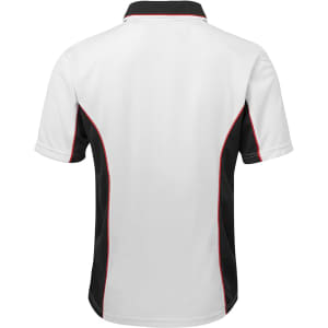 A polo shirt in white with black and red accents, featuring a logo on the design.