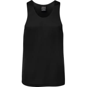 A black Podium Poly Singlet featuring a round neckline and a logo tag. Suitable for various activities.