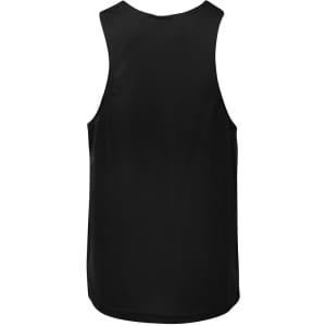 A black poly singlet with a sleeveless design, featuring a smooth fabric and a logo on the back.
