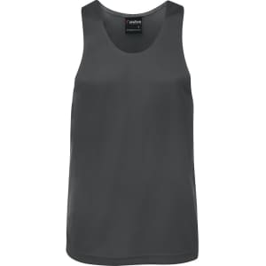 A dark grey singlet with a sleek design and a logo label at the neckline.