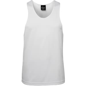 A white Podium Poly Singlet featuring a wide neckline and a simple design, with a branding label at the neck.