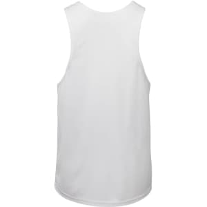 A white singlet featuring a smooth back design and a logo. Ideal for casual or athletic wear.