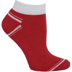 A red ankle sock with white accents and a ribbed cuff, part of a five-pack of socks.