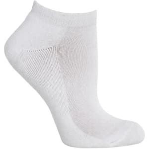 A white ankle sock with a smooth texture and fitted shape, featuring a slight logo.