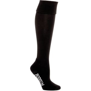 A black sports sock featuring a logo, designed with a knee-high length for athletic use.