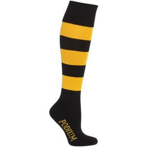 A black and yellow striped knee-high sock featuring a branding logo.