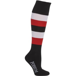 A pair of black sport socks featuring red, white, and black stripes with a logo on the side.