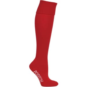 A red knee-high sports sock featuring a logo at the cuff.
