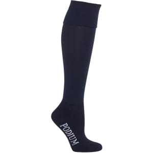 A sports sock in navy blue featuring a branding logo, designed for athletic wear.