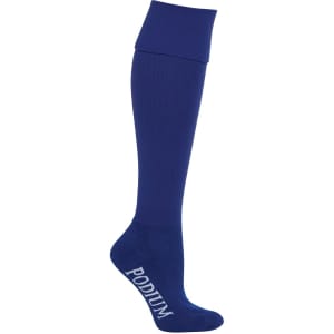 A blue sport sock with a fold-over cuff and branding on the side. It's designed for athletic use.
