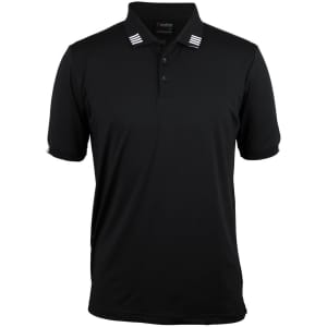 A black polo shirt featuring white stripe accents on the collar and sleeves, with a logo on the chest.