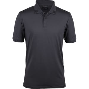 A black polo shirt with short sleeves, featuring a collar and a logo on the chest area.