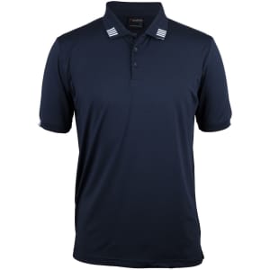 Navy blue polo shirt with a collar featuring white stripe detailing and a logo on the sleeve.