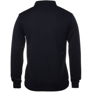 A black long-sleeve polo shirt featuring a collar and fitted design, with a logo on the front.