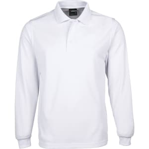 A long-sleeve white polo shirt featuring a collar and buttons, with a branding logo on the chest.