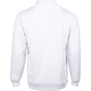 A long-sleeve polo shirt in white with a collar, featuring a logo on the back.