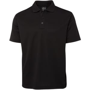 A black short-sleeve polo shirt with a collar and three buttons, featuring a logo.