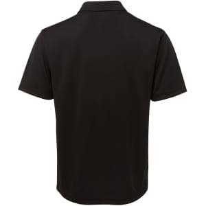 A black polo shirt featuring a classic collar and short sleeves, with a logo on the back.