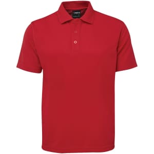 A red polo shirt with a collar, short sleeves, and three buttons, featuring a logo.