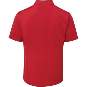 A red polo shirt with short sleeves and a collar, featuring a logo on the back.