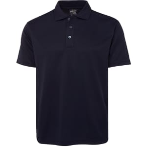 A navy blue polo shirt with a three-button placket and a collar. It features a logo on the chest.