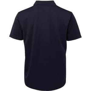 A navy polo shirt with a collar and short sleeves, featuring a logo on the back.
