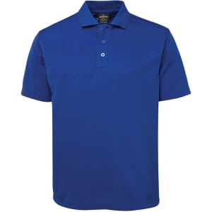 A blue polo shirt with a collared neck and three buttons, featuring a logo on the chest.