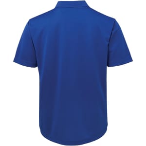 A blue polo shirt with short sleeves and a collar, featuring a logo on the back.