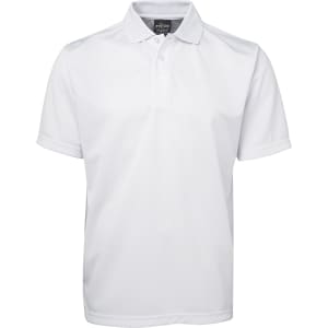 A white polo shirt with a collared neckline and short sleeves, featuring a logo on the chest.