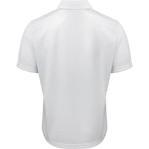 A white polo shirt with a collared design, featuring short sleeves and a logo on the back.