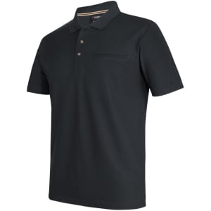 A black polo shirt made of recycled polyester, featuring a pocket and a logo on the collar.