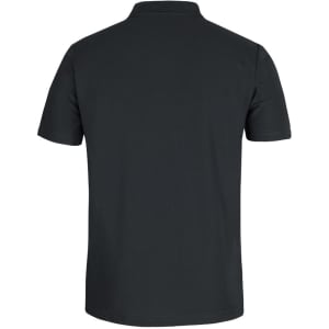 A black recycled polyester polo shirt with short sleeves and a collared neck, featuring a logo on the back.